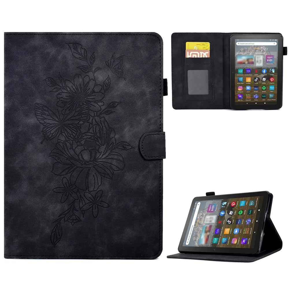 For Amazon Kindle Youth Edition 2022 Stitching PU Leather Auto Sleep / Wake Smart Cover Butterfly Flower Pattern Imprinted Folio Stand Card Slot Tablet Case - Black - 1