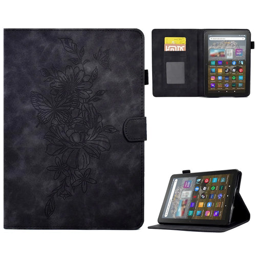 For Amazon Kindle Youth Edition 2022 Stitching PU Leather Auto Sleep / Wake Smart Cover Butterfly Flower Pattern Imprinted Folio Stand Card Slot Tablet Case - Black - 1