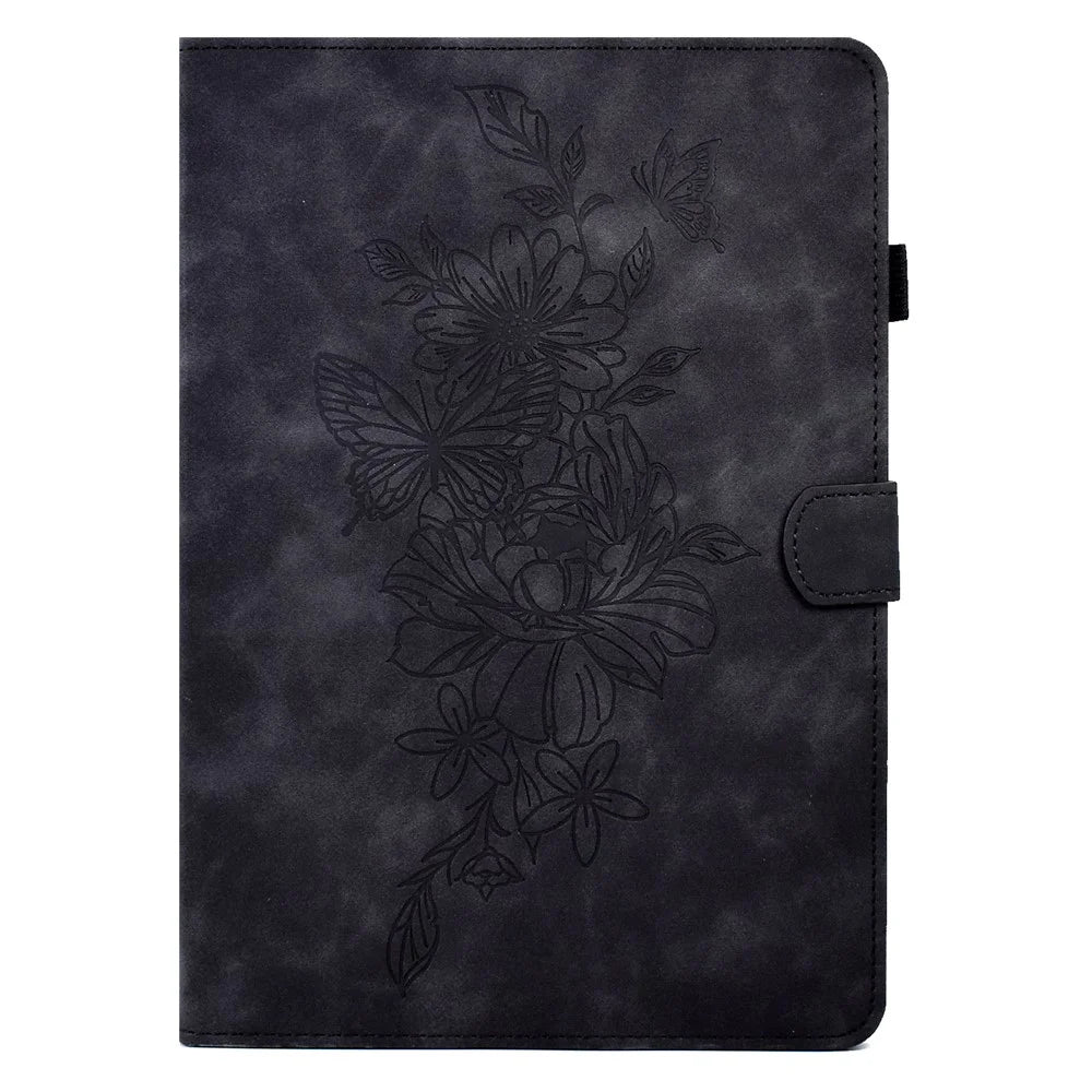 For Amazon Kindle Youth Edition 2022 Stitching PU Leather Auto Sleep / Wake Smart Cover Butterfly Flower Pattern Imprinted Folio Stand Card Slot Tablet Case - Black - 7