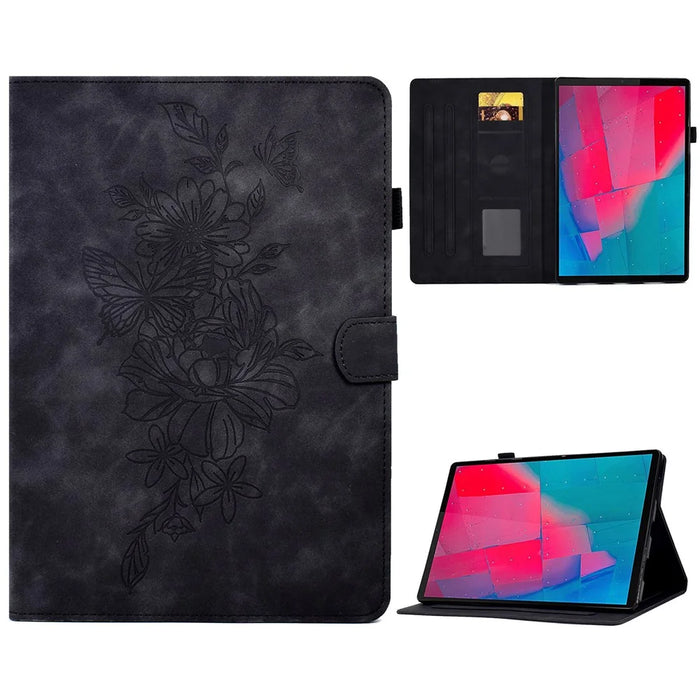 For Lenovo Tab M10 Plus TB-X606F Butterfly Flower Pattern Imprinted PU Leather Folio Case Stitching Line Card Holder Stand Smart Tablet Cover - Black - 1