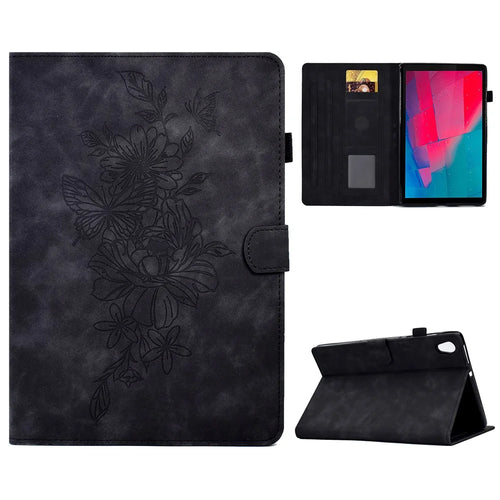 For Lenovo Tab M10 HD Gen 2 (X306X) Drop-proof PU Leather Tablet Case Stand with Card Slots Butterfly Flower Pattern Imprinted Auto Sleep / Wake Cover - Black - 1