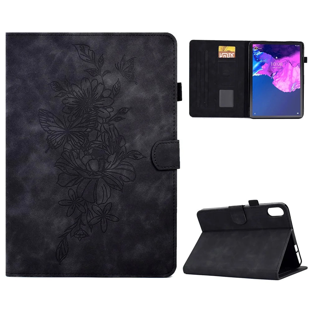 For Lenovo Tab P11 / J606F Butterfly Flower Pattern Imprinted PU Leather Stitching Line  Smart Tablet Cover with Card Holder Stand Shockproof Case - Black - 1