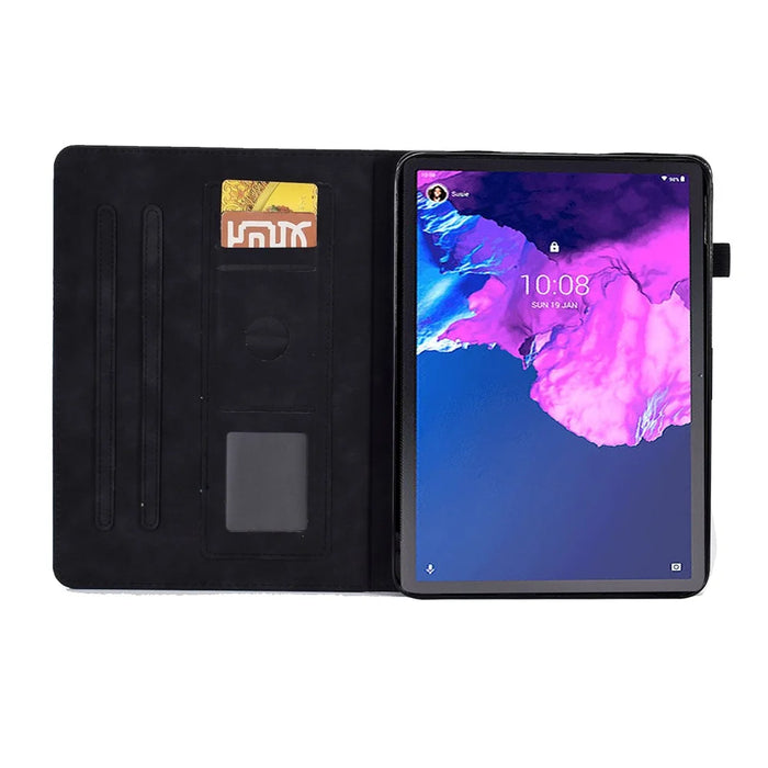 For Lenovo Tab P11 / J606F Butterfly Flower Pattern Imprinted PU Leather Stitching Line  Smart Tablet Cover with Card Holder Stand Shockproof Case - Black - 2