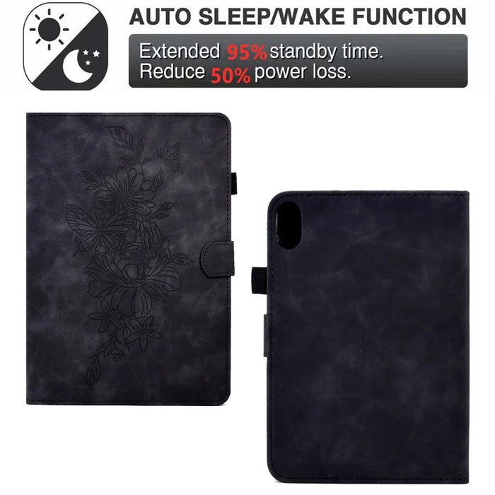 For Lenovo Tab P11 / J606F Butterfly Flower Pattern Imprinted PU Leather Stitching Line  Smart Tablet Cover with Card Holder Stand Shockproof Case - Black - 6