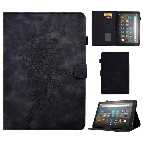 For Amazon Fire HD 8 (2020) Butterfly Flower Pattern Imprinted PU Leather Folio Flip Shell Stitching Line Stand Card Holder Tablet Cover with Auto Wake / Sleep Feature - Black - 1