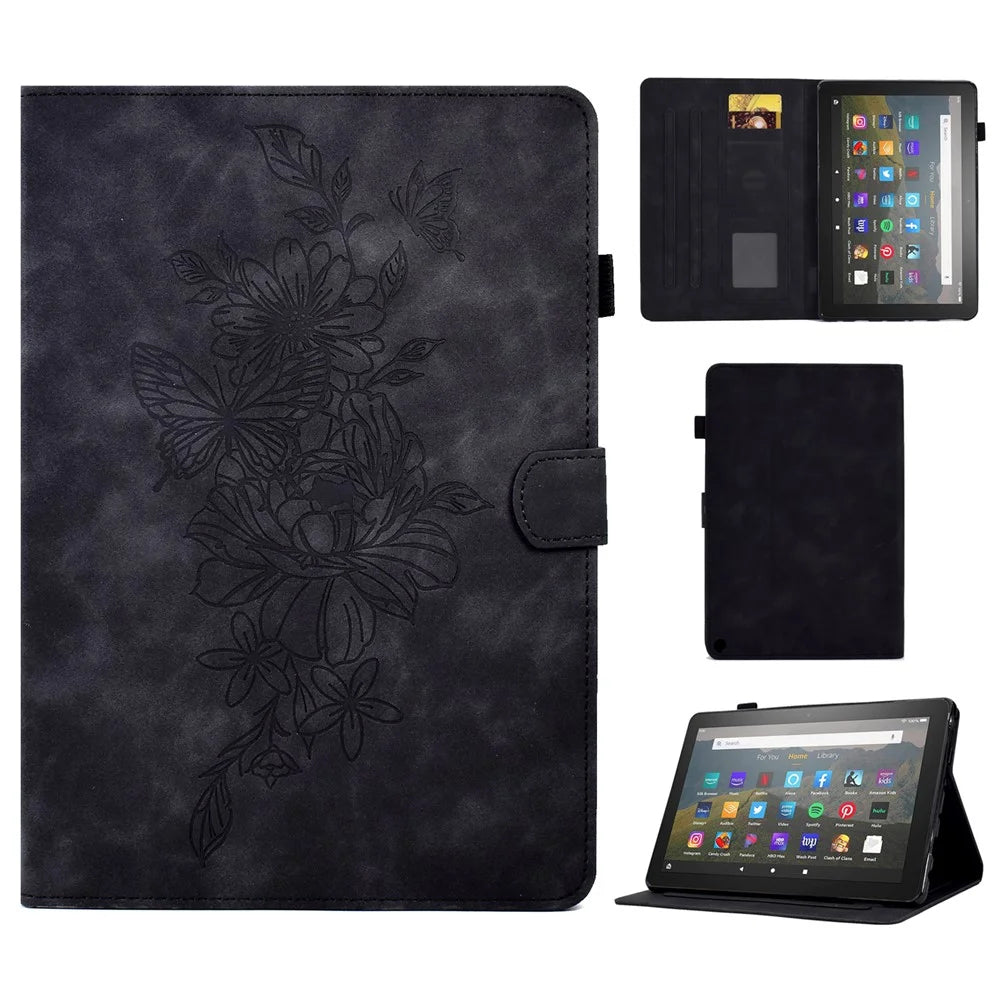 For Amazon Fire HD 8 (2020) Butterfly Flower Pattern Imprinted PU Leather Folio Flip Shell Stitching Line Stand Card Holder Tablet Cover with Auto Wake / Sleep Feature - Black - 1