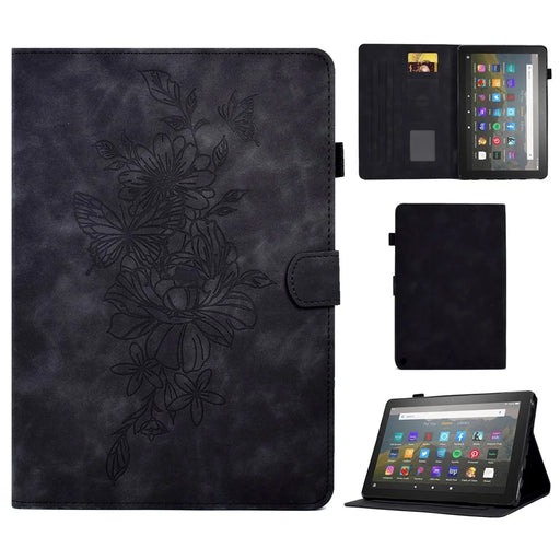 For Amazon Fire HD 8 (2020) Butterfly Flower Pattern Imprinted PU Leather Folio Flip Shell Stitching Line Stand Card Holder Tablet Cover with Auto Wake / Sleep Feature - Black - 1