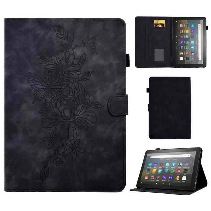 For Amazon Fire HD 8 (2020) Butterfly Flower Pattern Imprinted PU Leather Folio Flip Shell Stitching Line Stand Card Holder Tablet Cover with Auto Wake / Sleep Feature - Black - 1