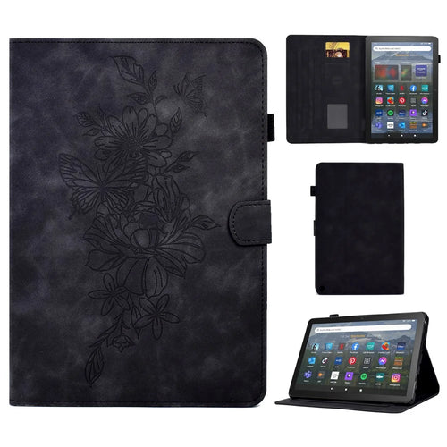For Amazon Fire HD 8 (2022) / HD 8 Plus (2022) PU Leather Stand Function Card Slots Tablet Case Butterfly Flower Pattern Imprinted Auto Sleep / Wake Cover - Black - 1