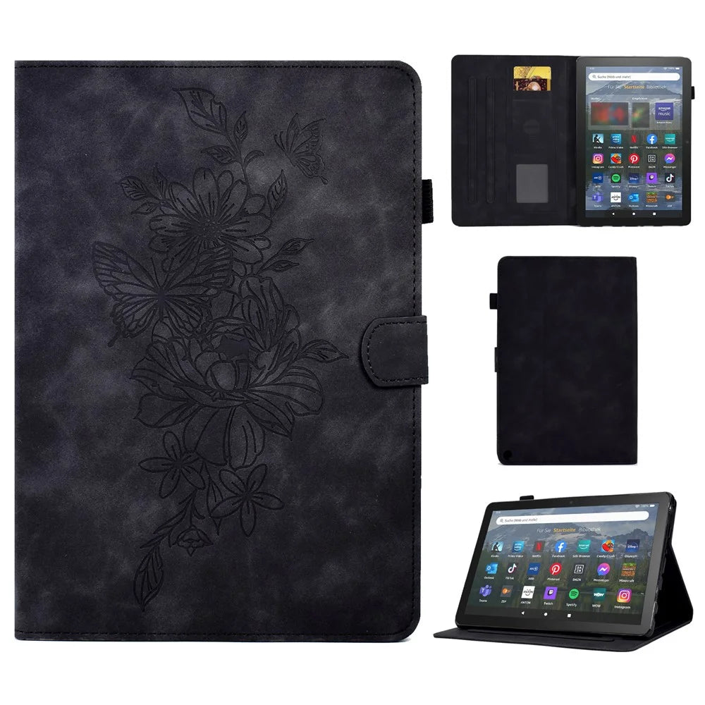 For Amazon Fire HD 8 (2022) / HD 8 Plus (2022) PU Leather Stand Function Card Slots Tablet Case Butterfly Flower Pattern Imprinted Auto Sleep / Wake Cover - Black - 1