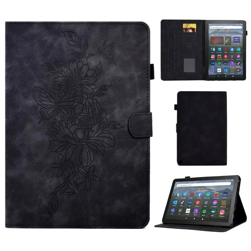 For Amazon Fire HD 8 (2022) / HD 8 Plus (2022) PU Leather Stand Function Card Slots Tablet Case Butterfly Flower Pattern Imprinted Auto Sleep / Wake Cover - Black - 1