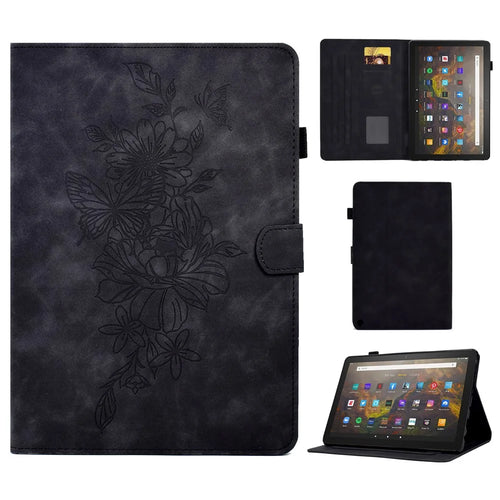 For Amazon Fire HD 10 (2021) / HD 10 Plus (2021) Flip Stand Smart Tablet Cover PU Leather Butterfly Flower Pattern Imprinted Protective Case with Card Holder - Black - 1