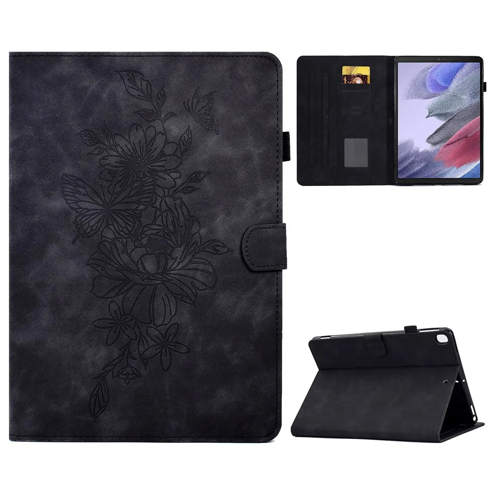 Protective Tablet Case For Samsung Galaxy Tab A7 Lite 8.7-inch T220 / T225, Butterfly Flower Pattern Imprinted PU Leather Stitching Line Tablet Cover with Card Holder Stand - Black - 1