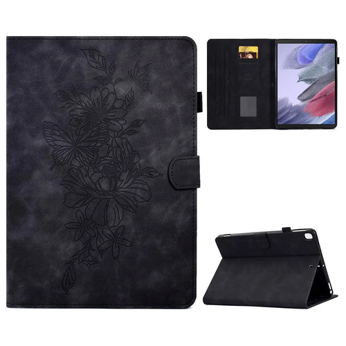 Protective Tablet Case For Samsung Galaxy Tab A7 Lite 8.7-inch T220 / T225, Butterfly Flower Pattern Imprinted PU Leather Stitching Line Tablet Cover with Card Holder Stand - Black - 1