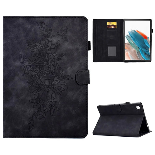 For Samsung Galaxy Tab A8 10.5 (2021) / (20222) X200 / X205 Butterfly Flower Pattern Imprinted PU Leather Stitching Line Cover Stand - Black - 1