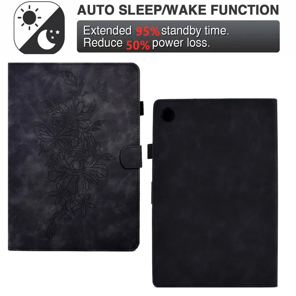 For Samsung Galaxy Tab A8 10.5 (2021) / (20222) X200 / X205 Butterfly Flower Pattern Imprinted PU Leather Stitching Line Cover Stand - Black - 6
