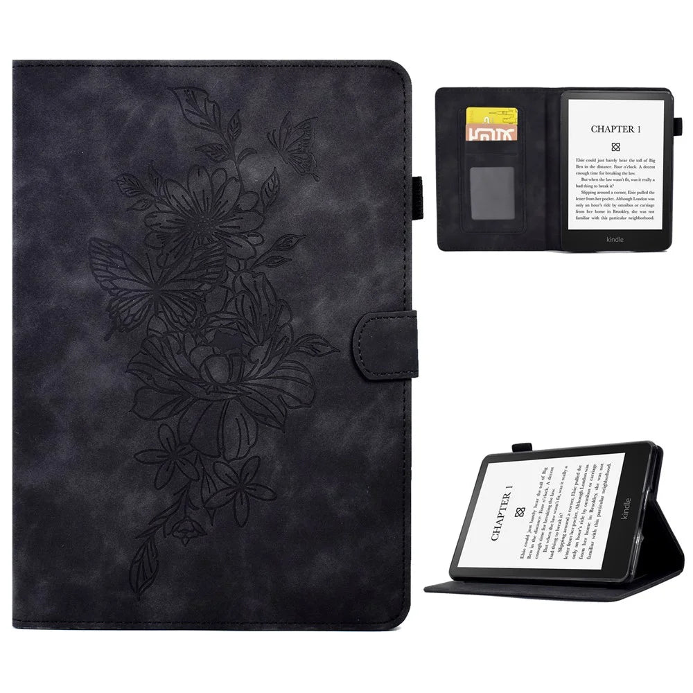 For Amazon Kindle Paperwhite 5 (2021) Butterfly Flower Pattern Imprinted Folio Smart Cover Stitching Line PU Leather Stand Tablet Case with Card Holder - Black - 1