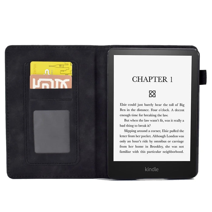 For Amazon Kindle Paperwhite 5 (2021) Butterfly Flower Pattern Imprinted Folio Smart Cover Stitching Line PU Leather Stand Tablet Case with Card Holder - Black - 2
