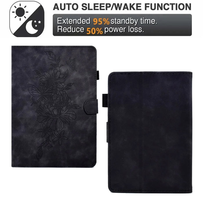 For Amazon Kindle Paperwhite 5 (2021) Butterfly Flower Pattern Imprinted Folio Smart Cover Stitching Line PU Leather Stand Tablet Case with Card Holder - Black - 5