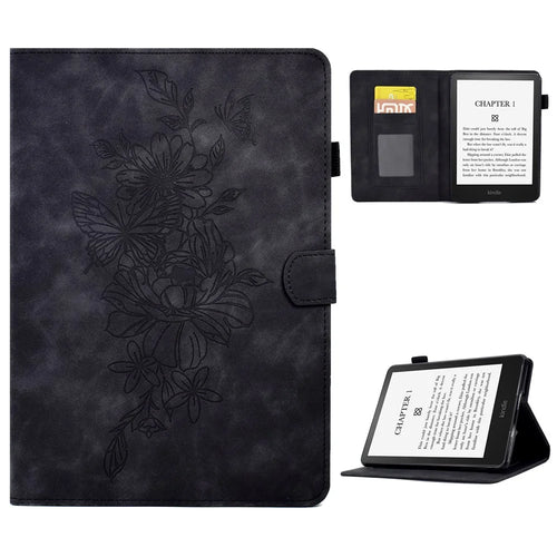 For Amazon Kindle Paperwhite 1 / 2 / 3 / 4 PU Leather Smart Stand Protective Case Butterfly Flower Pattern Imprinted Card Holder Tablet Cover - Black - 1