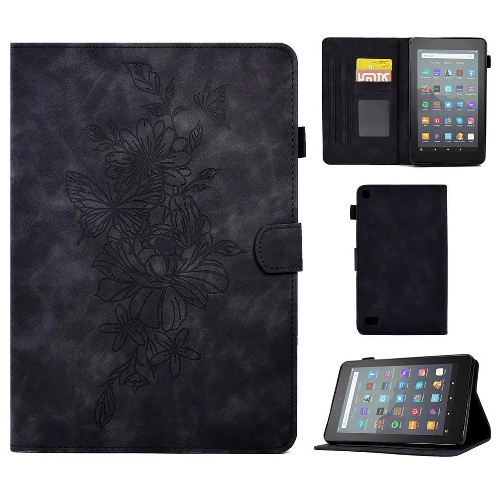 For Amazon Fire 7 (2015) / (2017) / (2019) Butterfly Flower Pattern Imprinted Magnetic Flip Protection Cover PU Leather Stand Card Holder Tablet Case with Auto Wake / Sleep - Black - 1