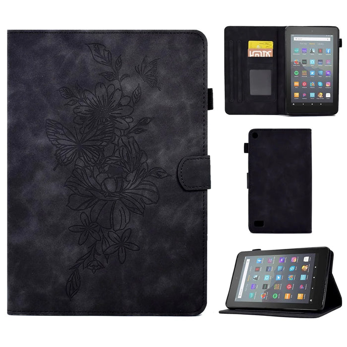 For Amazon Fire 7 (2015) / (2017) / (2019) Butterfly Flower Pattern Imprinted Magnetic Flip Protection Cover PU Leather Stand Card Holder Tablet Case with Auto Wake / Sleep - Black - 1