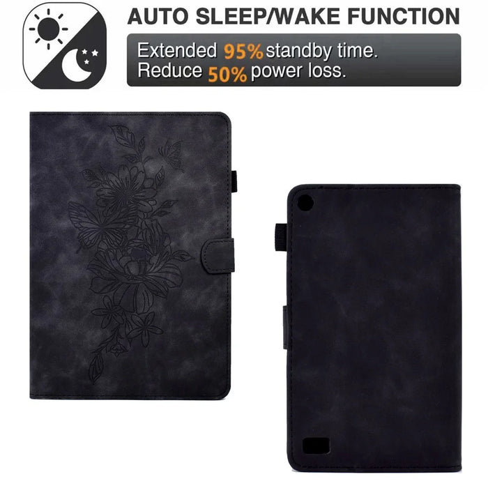 For Amazon Fire 7 (2015) / (2017) / (2019) Butterfly Flower Pattern Imprinted Magnetic Flip Protection Cover PU Leather Stand Card Holder Tablet Case with Auto Wake / Sleep - Black - 5
