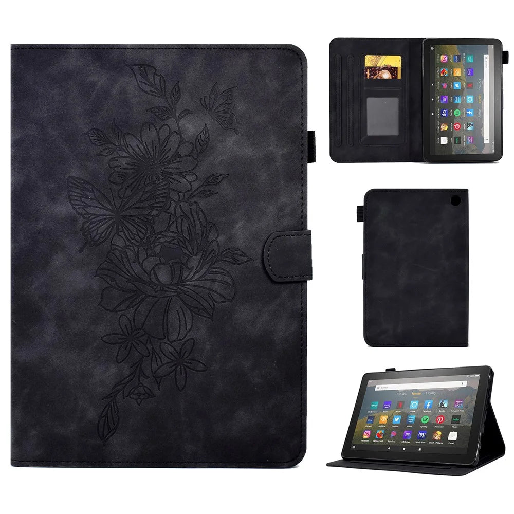 Butterfly Flower Pattern Imprinted Leather Case for Amazon Fire 7 (2022), Stitching Line Full Protection Tablet Cover with Card Holder Stand - Black - 1