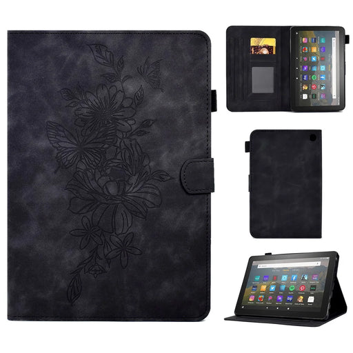 Butterfly Flower Pattern Imprinted Leather Case for Amazon Fire 7 (2022), Stitching Line Full Protection Tablet Cover with Card Holder Stand - Black - 1