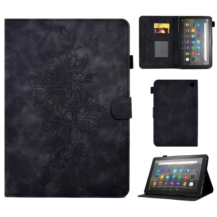 Butterfly Flower Pattern Imprinted Leather Case for Amazon Fire 7 (2022), Stitching Line Full Protection Tablet Cover with Card Holder Stand - Black - 1