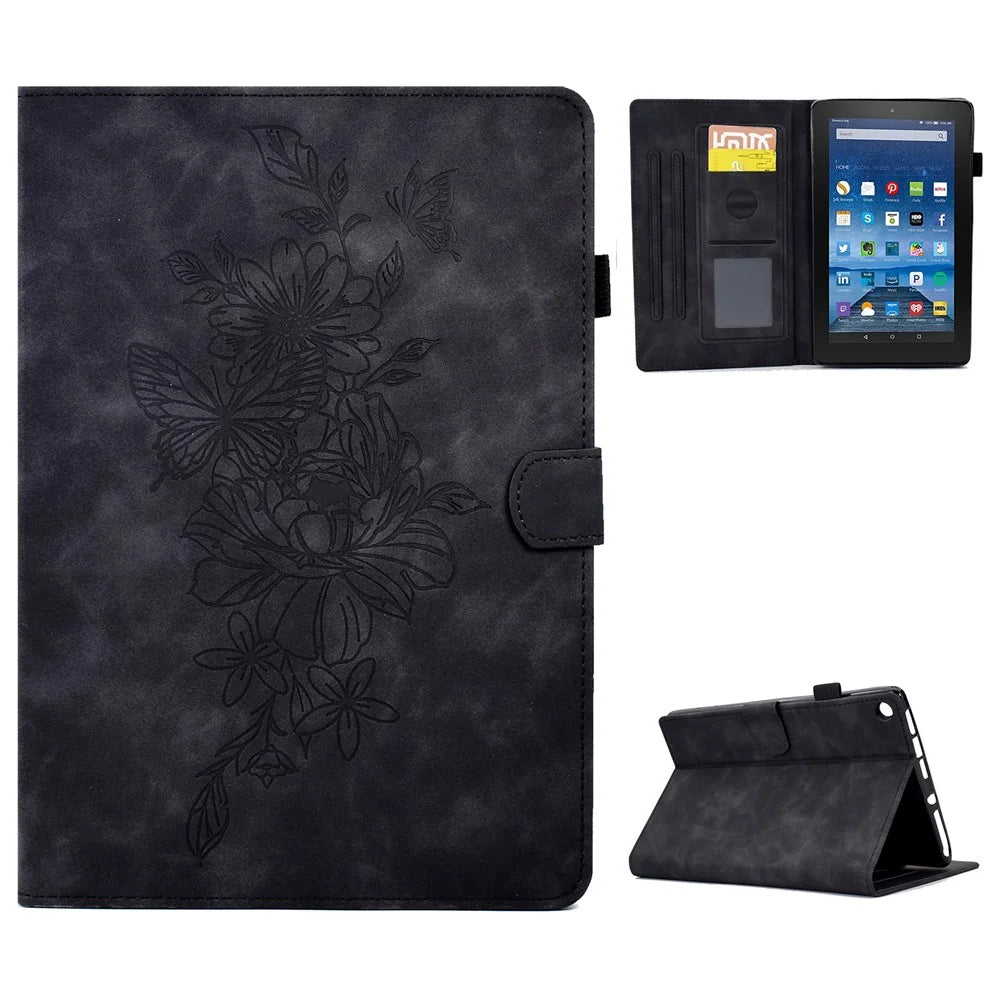 For Amazon Fire HD 8 (2016) / (2017) / (2018) Protective Case Butterfly Flower Pattern Imprinted Leather Case Stitching Line Tablet Cover with Card Holder / Stand - Black - 1