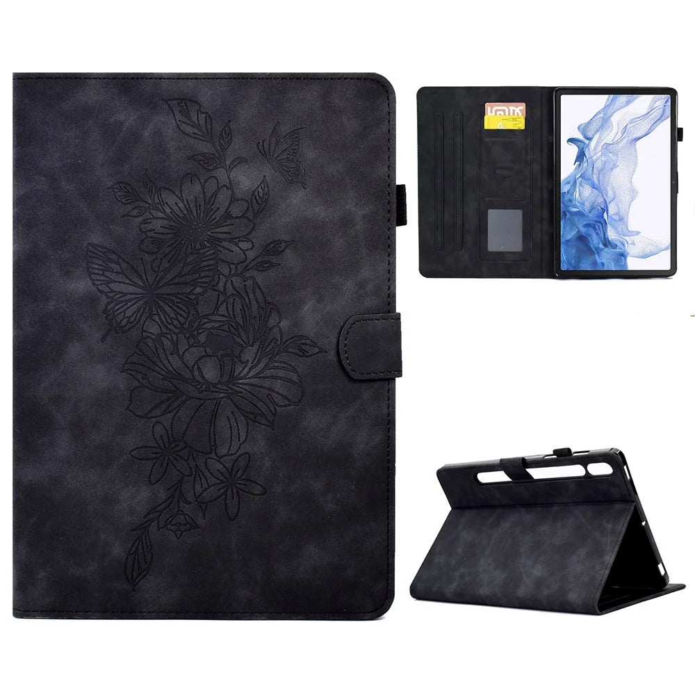 Tablet Cover For Samsung Galaxy Tab S8 X700 X706 / S7 2020 T870 T875 Butterfly Flower Pattern Imprinted PU Leather Stitching Line Tablet Case with Card Holder Stand - Black - 1