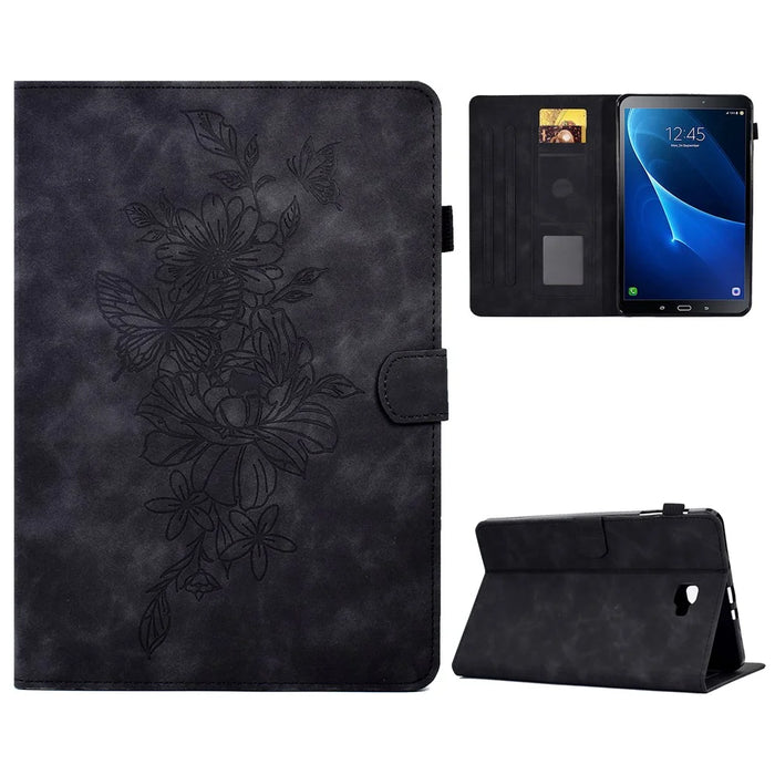 For Samsung Galaxy Tab A 10.1 (2016) T580 / T585 Shockproof Tablet Cover PU Leather Butterfly Flower Pattern Imprinted Protective Stand Case Card Holder - Black - 1