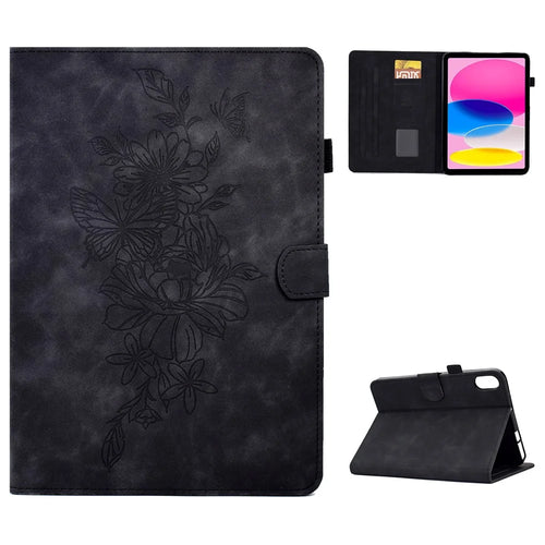 For iPad (2025) / 10.9 (2022) Butterfly Flower Pattern Shockproof Stitching Anti-Drop Tablet Leather Cover with Card Holder, Stand - Black - 1