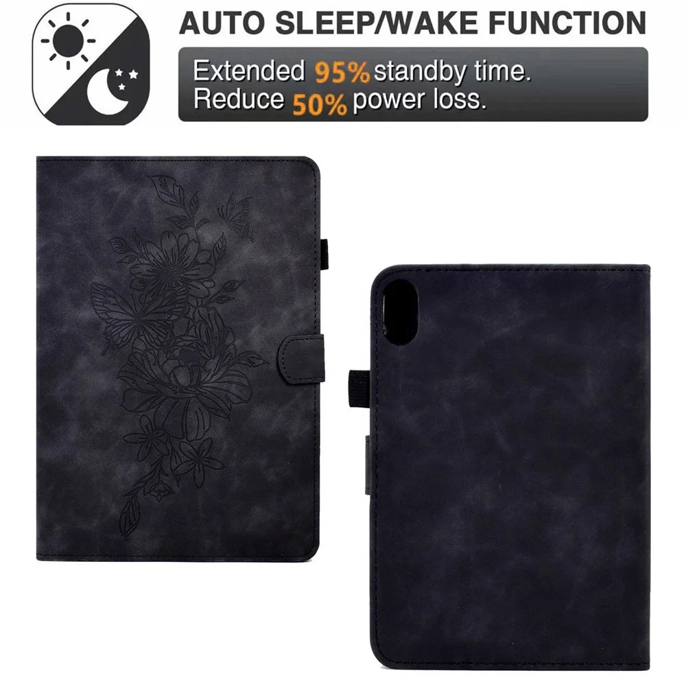 For iPad (2025) / 10.9 (2022) Butterfly Flower Pattern Shockproof Stitching Anti-Drop Tablet Leather Cover with Card Holder, Stand - Black - 5
