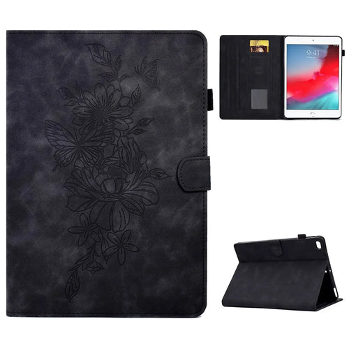 For iPad Mini / Mini 2 / mini 3 / mini 4 / mini (2019) 7.9 inch Shockproof Leather Case Butterfly Flower Pattern Imprinted Stitching Anti-Drop Tablet Cover with Card Holder, Stand - Black - 1