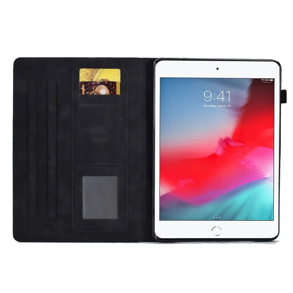 For iPad Mini / Mini 2 / mini 3 / mini 4 / mini (2019) 7.9 inch Shockproof Leather Case Butterfly Flower Pattern Imprinted Stitching Anti-Drop Tablet Cover with Card Holder, Stand - Black - 2