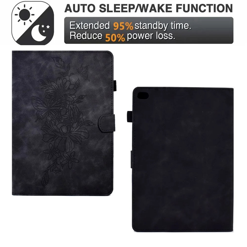 For iPad Mini / Mini 2 / mini 3 / mini 4 / mini (2019) 7.9 inch Shockproof Leather Case Butterfly Flower Pattern Imprinted Stitching Anti-Drop Tablet Cover with Card Holder, Stand - Black - 5