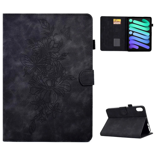 Shockproof Leather Case for iPad mini (2024) / mini (2021) Butterfly Flower Pattern Imprinted Stitching Anti-Scratch Tablet Cover with Card Holder, Stand - Black - 1