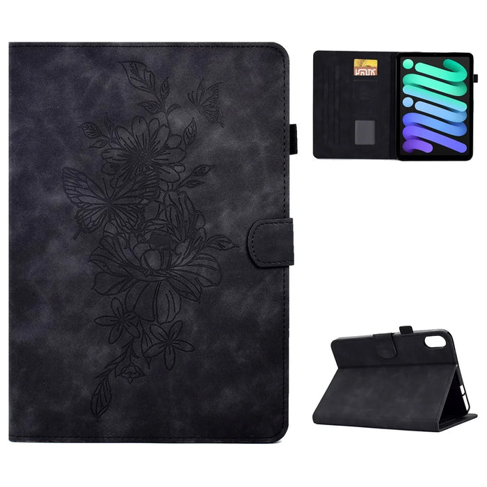 Shockproof Leather Case for iPad mini (2024) / mini (2021) Butterfly Flower Pattern Imprinted Stitching Anti-Scratch Tablet Cover with Card Holder, Stand - Black - 1