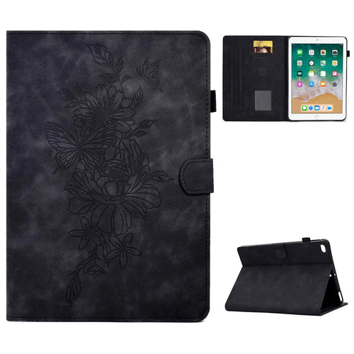 For iPad Air (2013) / Air 2 / iPad 9.7-inch (2017) / 9.7-inch (2018) Anti-Drop Leather Case Butterfly Flower Pattern Imprinted Shockproof Tablet Cover with Card Holder, Stand - Black - 1