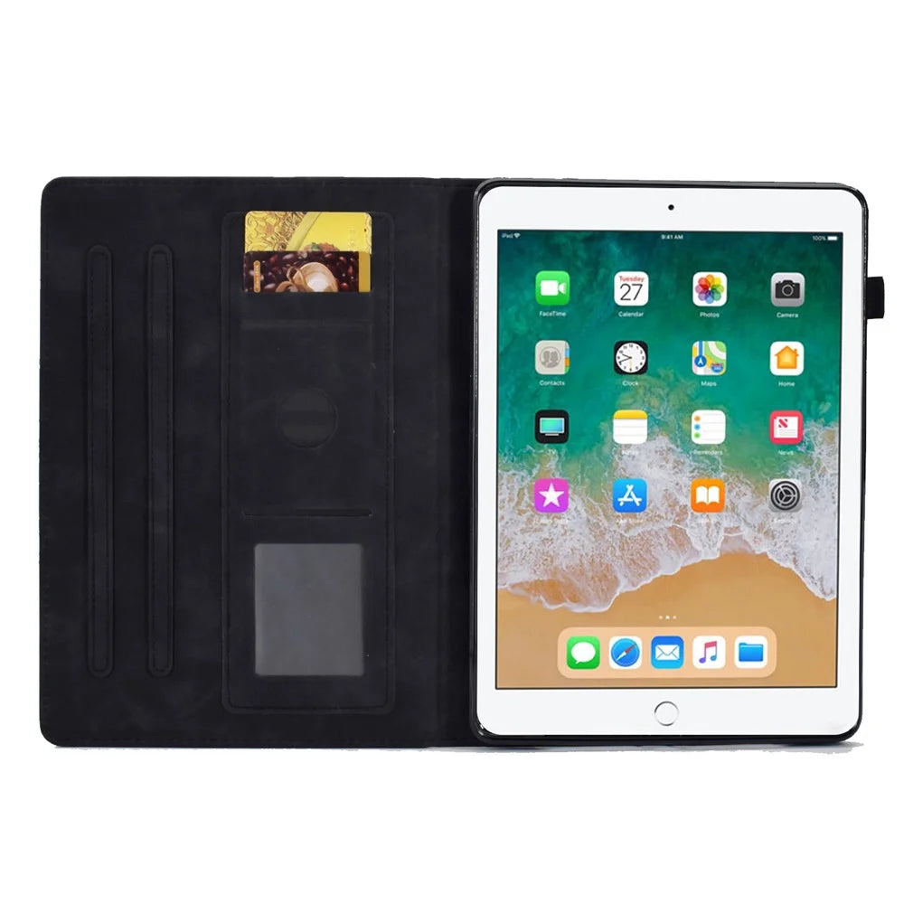 For iPad Air (2013) / Air 2 / iPad 9.7-inch (2017) / 9.7-inch (2018) Anti-Drop Leather Case Butterfly Flower Pattern Imprinted Shockproof Tablet Cover with Card Holder, Stand - Black - 2