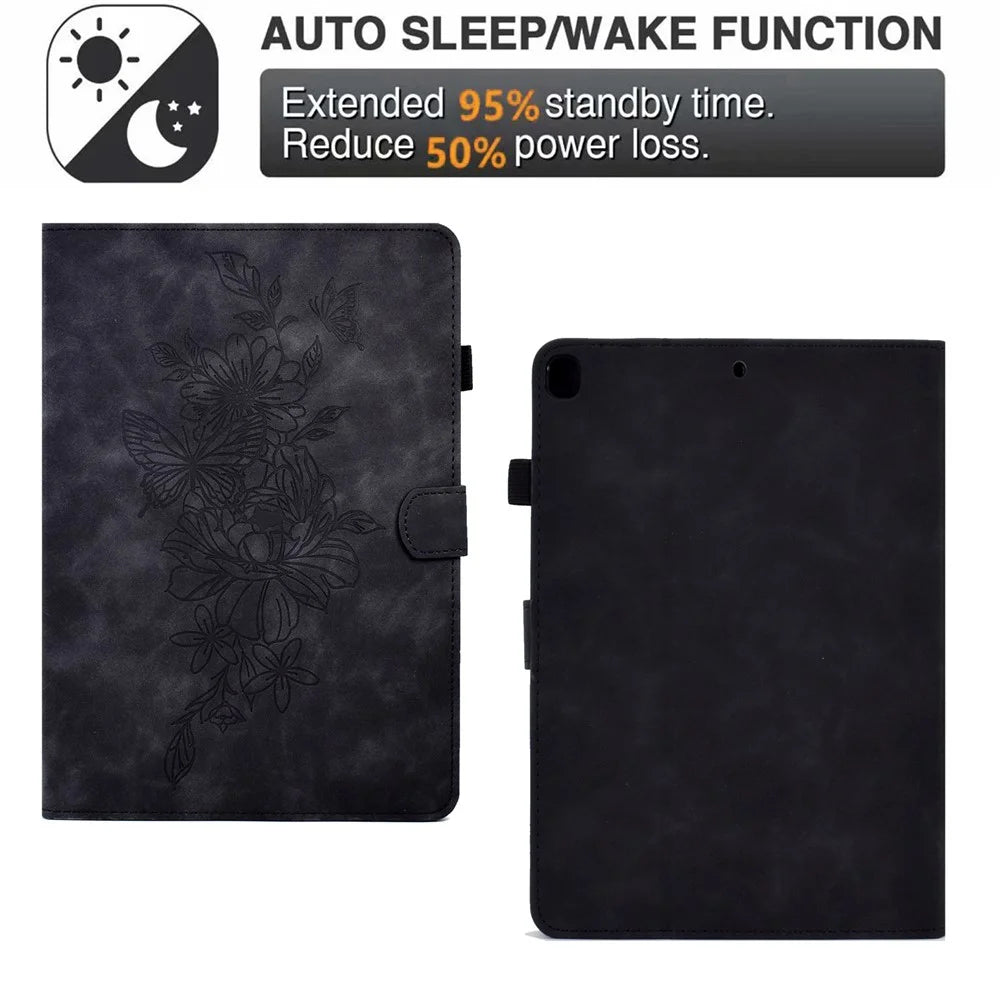 For iPad 10.2 (2019) / (2020)  /  Air 10.5 inch (2019) Protective Leather Case Butterfly Flower Pattern Imprinted Anti-Drop Tablet Cover with Card Holder, Stand - Black - 5