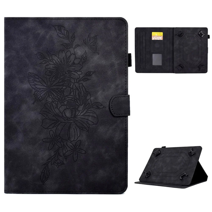 Butterfly Flower Pattern Imprinted Leather Case for 10-inch Tablet, Stitching Line Full Protection Tablet Cover with Card Holder Stand - Black - 1
