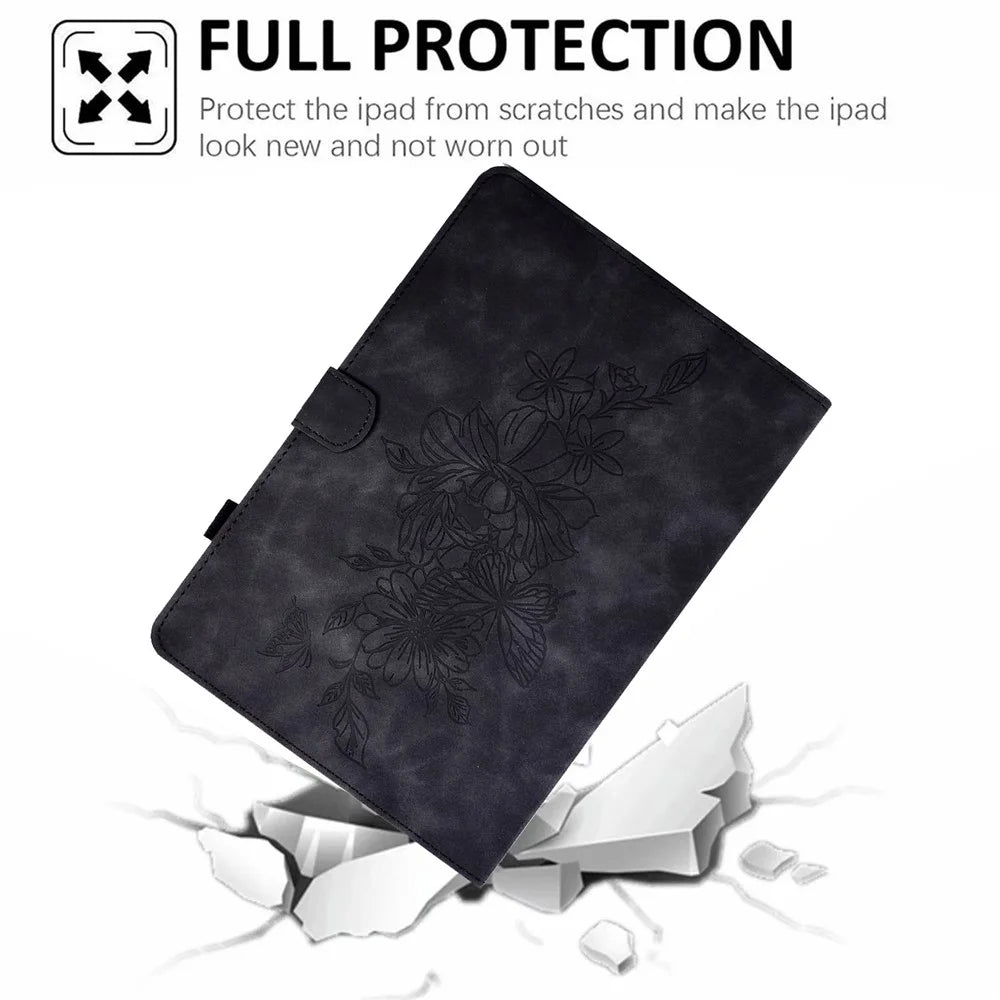 Butterfly Flower Pattern Imprinted Leather Case for 10-inch Tablet, Stitching Line Full Protection Tablet Cover with Card Holder Stand - Black - 6