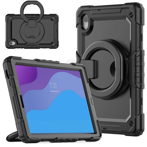 For Lenovo Tab M10 HD Gen 2 TB-306X(F) 10.1 inch Tablet Case 360-Degree Rotating Kickstand PC + Silicone Protective Cover with Shoulder Strap - Black - 1
