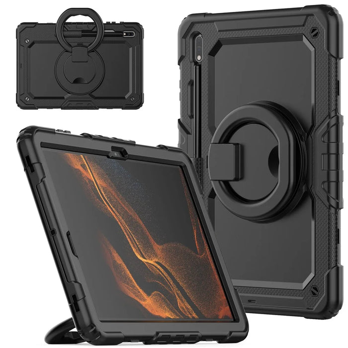 For Samsung Galaxy Tab S8+ / Tab S7+ T970 / T975 (2020) / Tab S7 FE (2021) Anti-Drop Tablet Case Hard PC + Silicone Case with Shoulder Strap / Kickstand - Black - 1