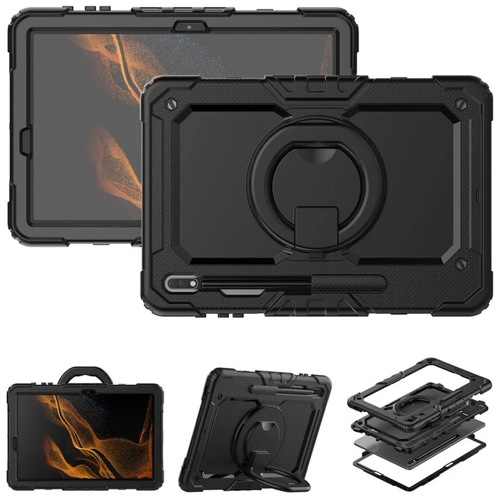 For Samsung Galaxy Tab S8+ / Tab S7+ T970 / T975 (2020) / Tab S7 FE (2021) Anti-Drop Tablet Case Hard PC + Silicone Case with Shoulder Strap / Kickstand - Black - 6