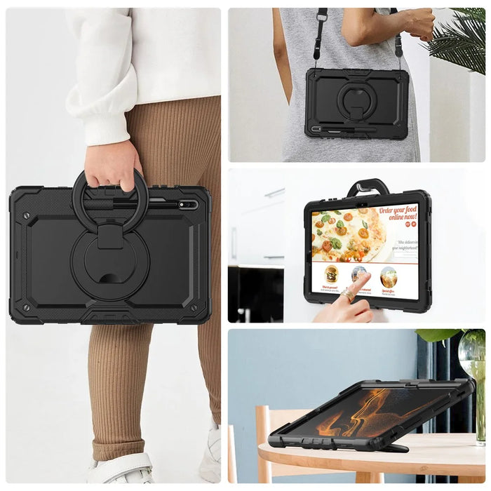 For Samsung Galaxy Tab S8+ / Tab S7+ T970 / T975 (2020) / Tab S7 FE (2021) Anti-Drop Tablet Case Hard PC + Silicone Case with Shoulder Strap / Kickstand - Black - 7