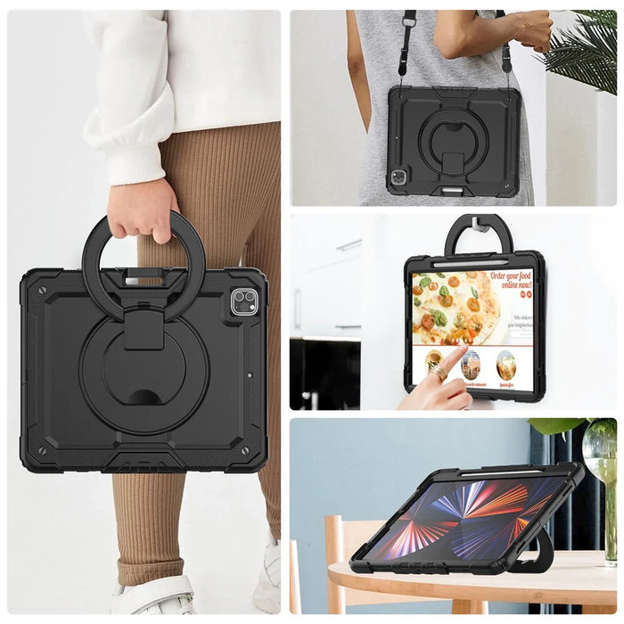 For iPad Pro 12.9 (2018) / (2020) / (2021) / (2022) 360-Degree Rotating Kickstand Tablet Case Anti-drop PC + Silicone Protective Cover with Shoulder Strap - Black - 7